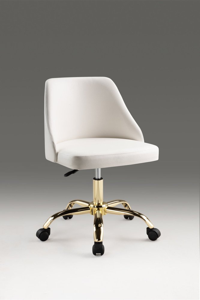 White and Gold Faux Leather Adjustable Height Swivel Rolling Office Chair HomeRoots