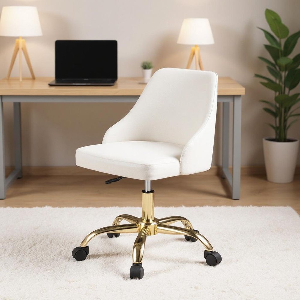 White and Gold Faux Leather Adjustable Height Swivel Rolling Office Chair HomeRoots