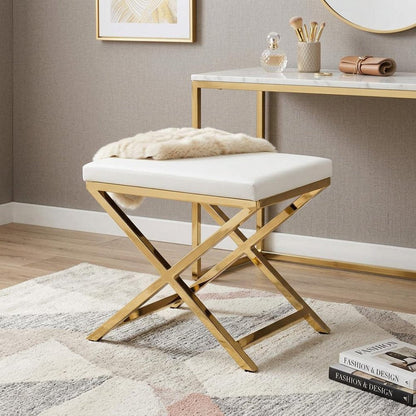 21" White and Gold Faux Leather Vanity Chair HomeRoots