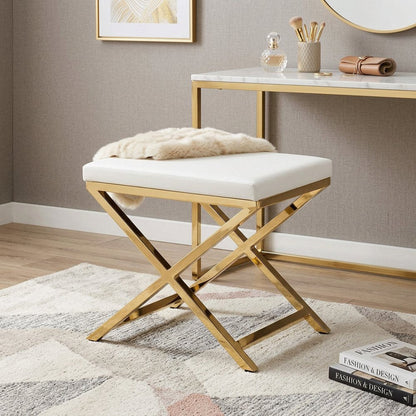 21" White and Gold Faux Leather Vanity Chair HomeRoots