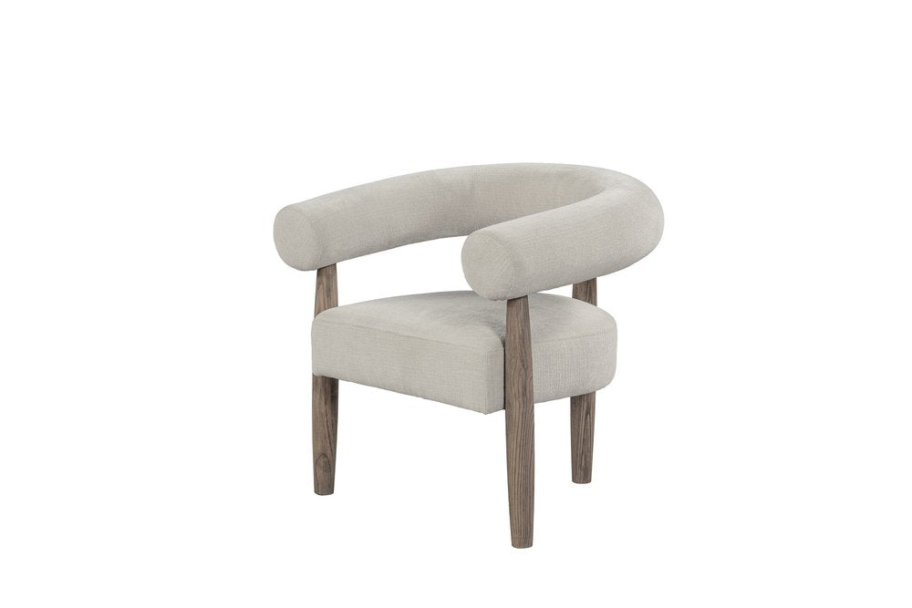 29" Cream and Light Brown Fabric And Wood Curved Arm Chair HomeRoots