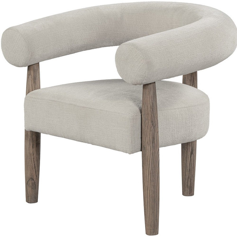 29" Cream and Light Brown Fabric And Wood Curved Arm Chair HomeRoots