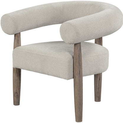 29" Cream and Light Brown Fabric And Wood Curved Arm Chair HomeRoots
