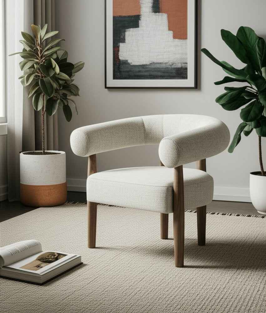 29" Off White and Ash Gray Fabric And Wood Arm Chair — view 6