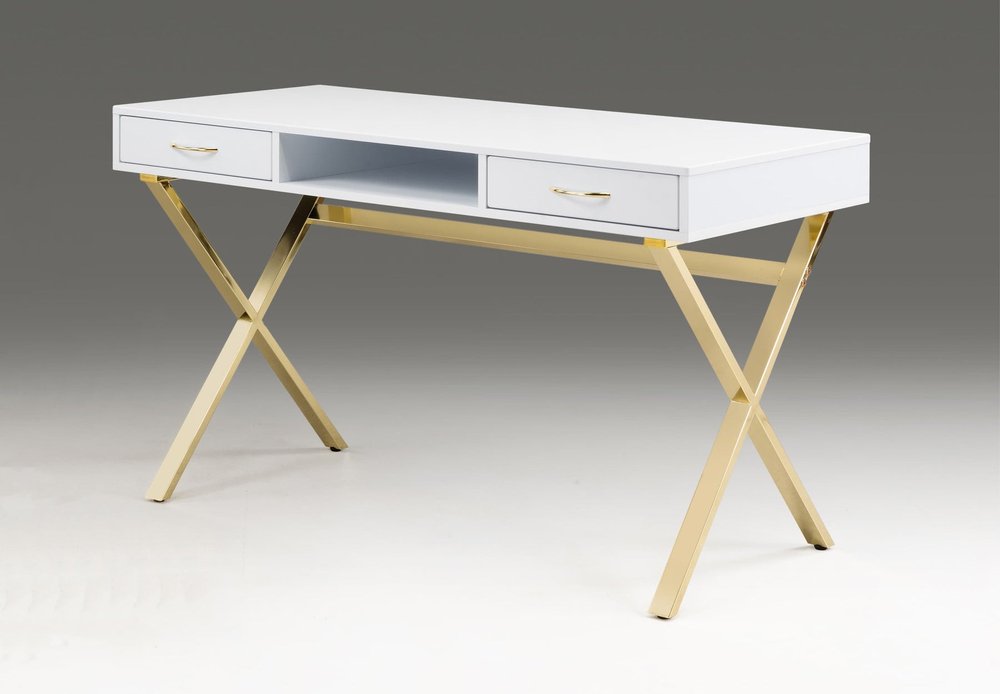 47" White and Gold Wood and Metal Computer Desk With Two Drawers — view 1