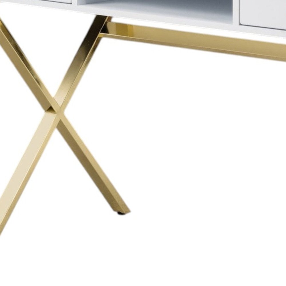 47" White and Gold Wood and Metal Computer Desk With Two Drawers — view 4