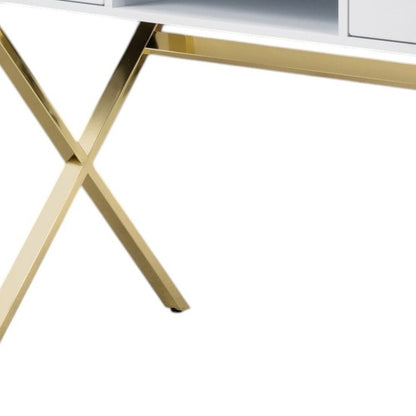 47" White and Gold Wood and Metal Computer Desk With Two Drawers