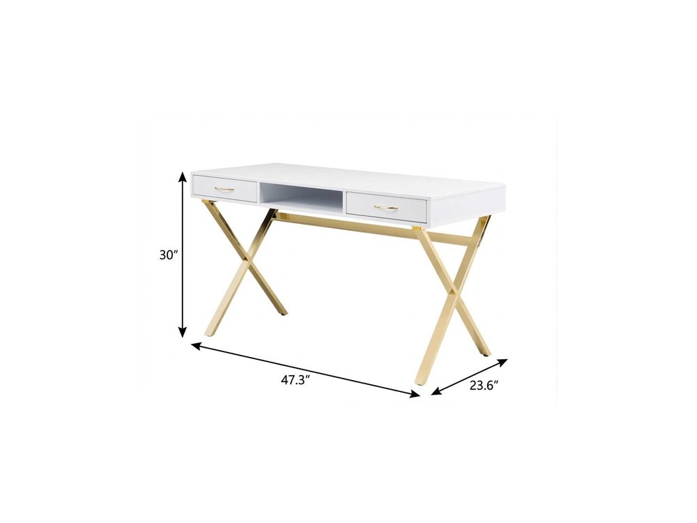 47" White and Gold Wood and Metal Computer Desk With Two Drawers — view 5