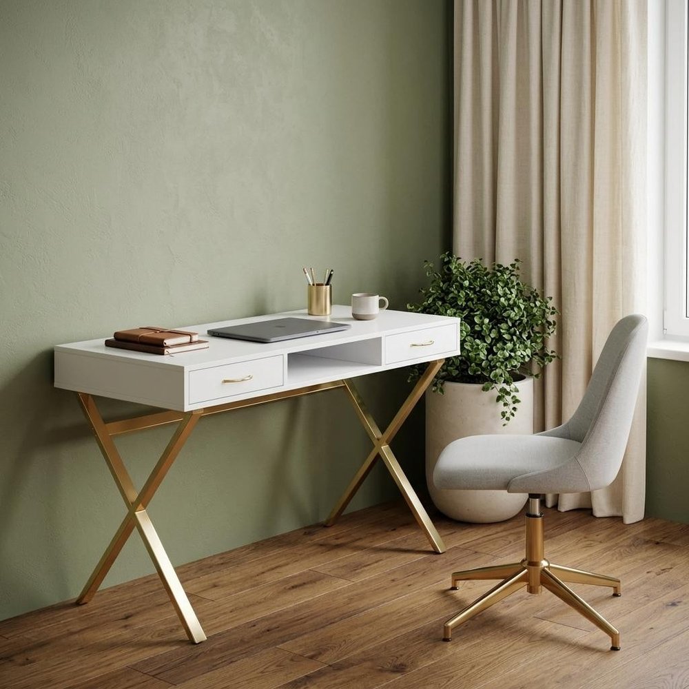 47" White and Gold Wood and Metal Computer Desk With Two Drawers — view 6