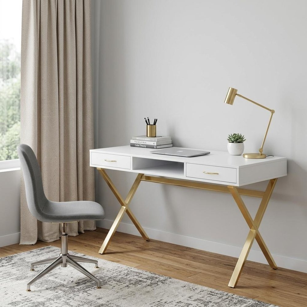 47" White and Gold Wood and Metal Computer Desk With Two Drawers — view 7