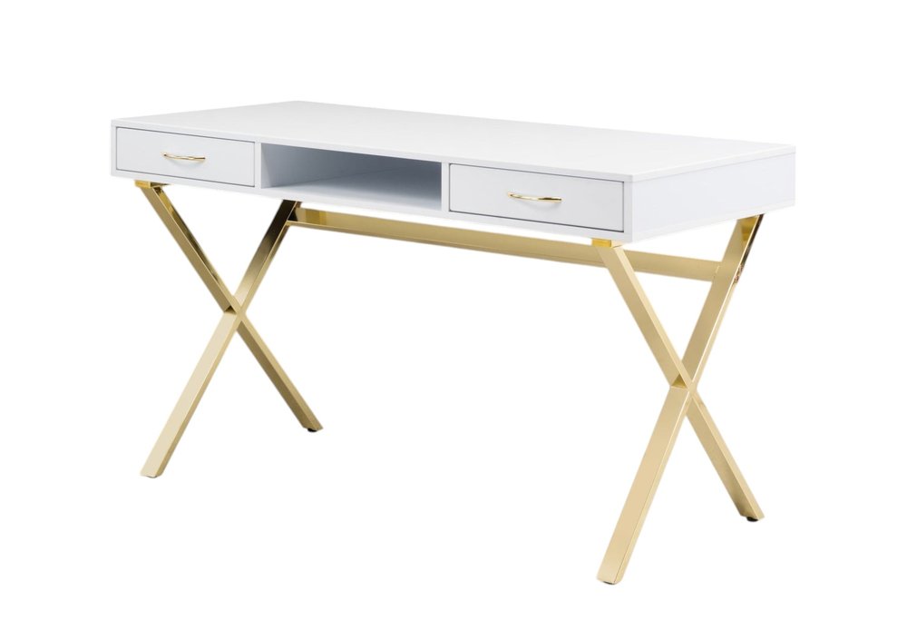 47" White and Gold Wood and Metal Computer Desk With Two Drawers — view 3