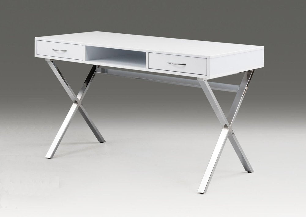 47" White and Silver Wood and Metal Computer Desk With Two Drawers — view 1
