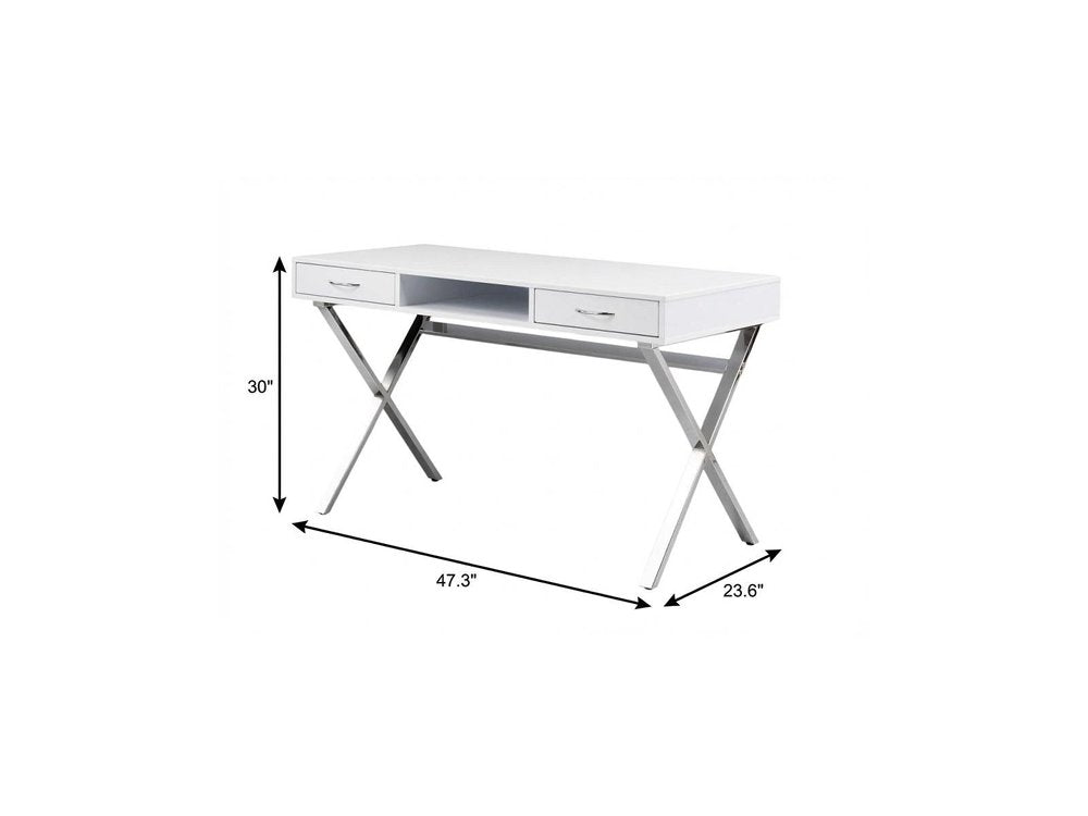 47" White and Silver Wood and Metal Computer Desk With Two Drawers — view 5
