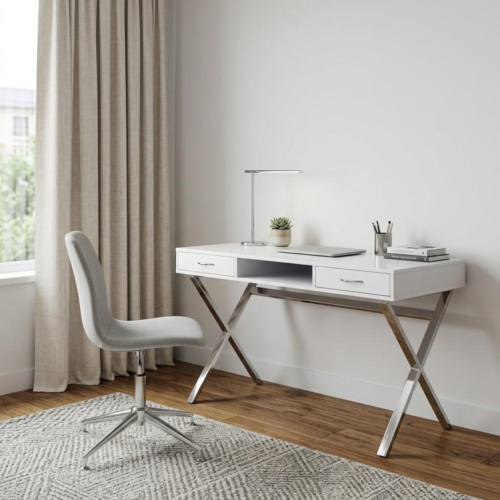 47" White and Silver Wood and Metal Computer Desk With Two Drawers — view 6