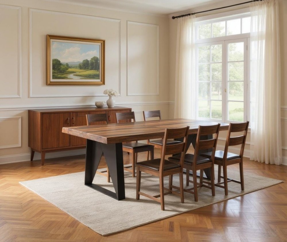 Seven Piece Brown and Black Solid Wood Dining Set with Six Chairs HomeRoots