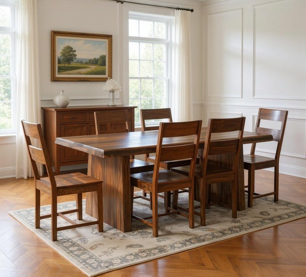 Seven Piece Brown Solid Wood Dining Set with Six Chairs HomeRoots