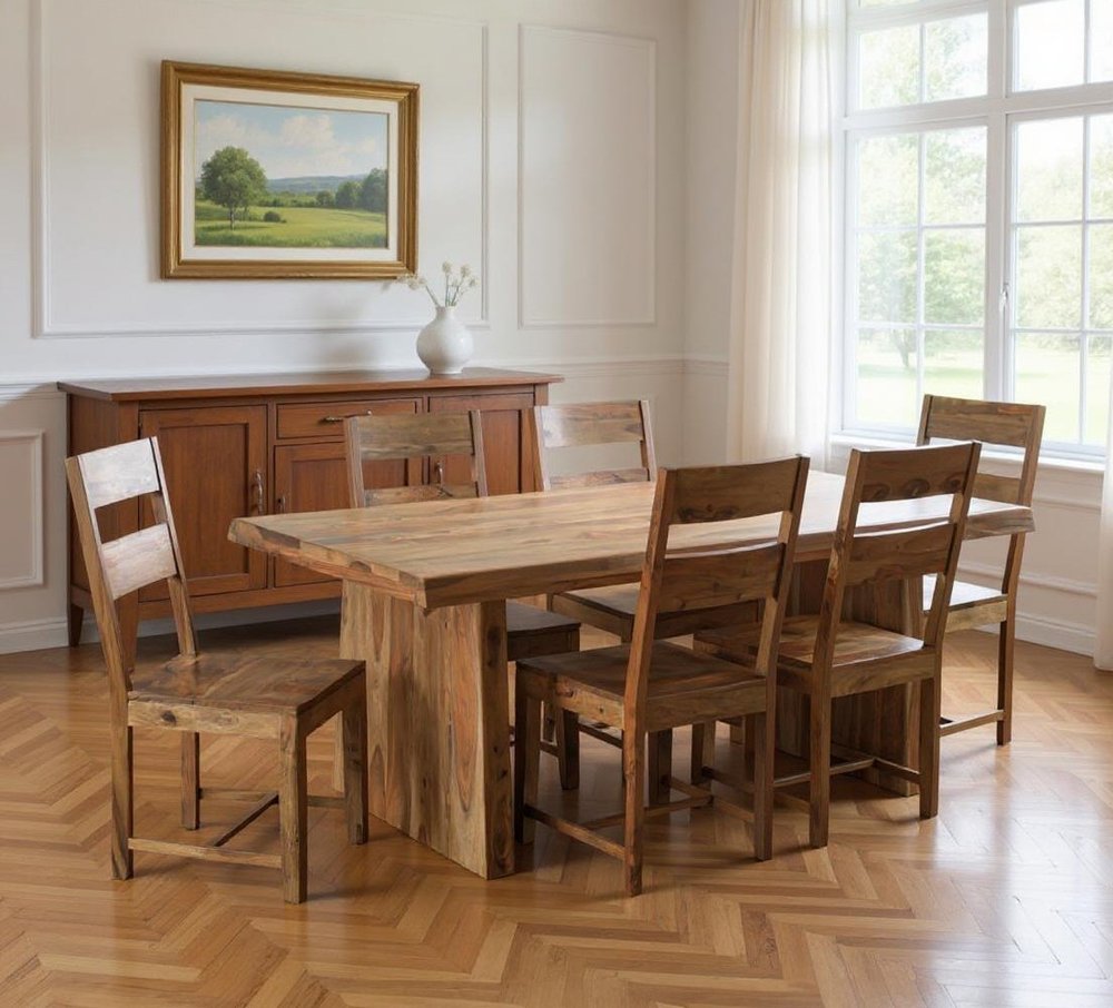 Seven Piece Brown Solid Wood Dining Set with Six Chairs HomeRoots