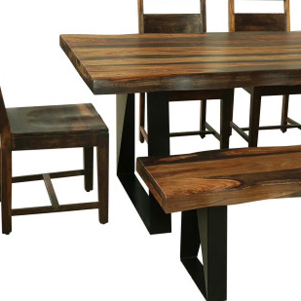 Six Piece Brown and Black Solid Wood Dining Set with Four Chairs and One Bench HomeRoots