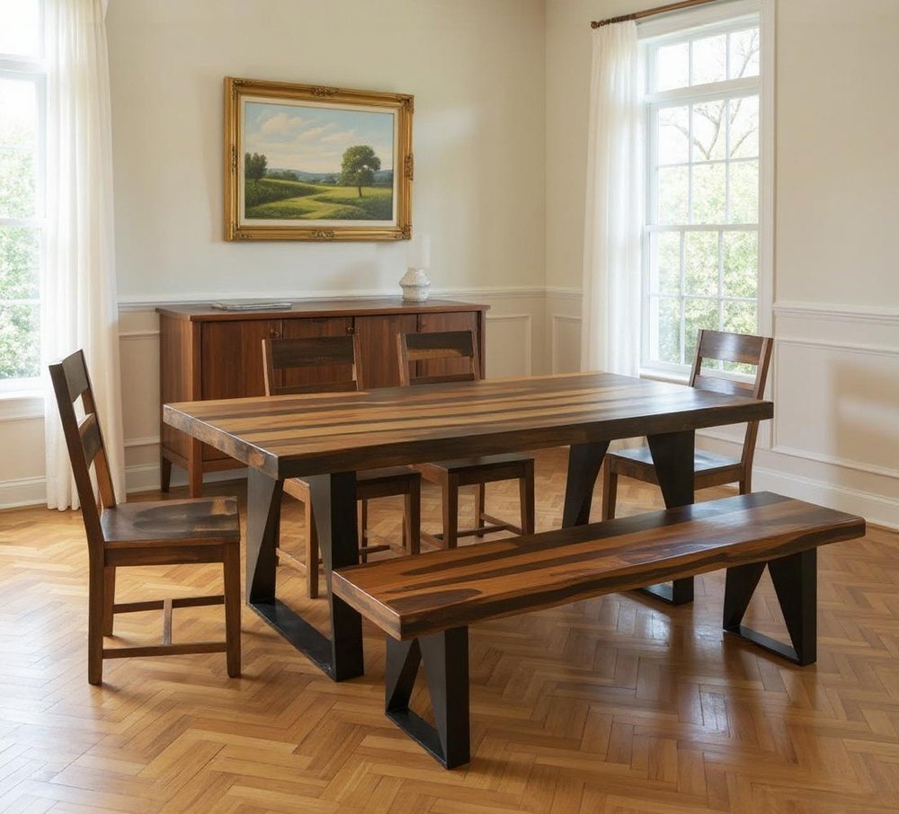 Six Piece Brown and Black Solid Wood Dining Set with Four Chairs and One Bench HomeRoots