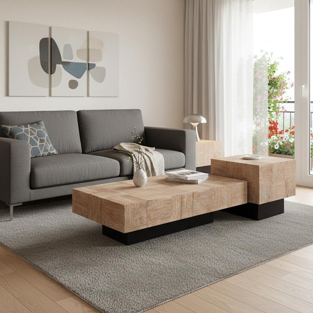 Set Of Two Natural And Dark Brown Solid Wood Block Coffee Table — view 12