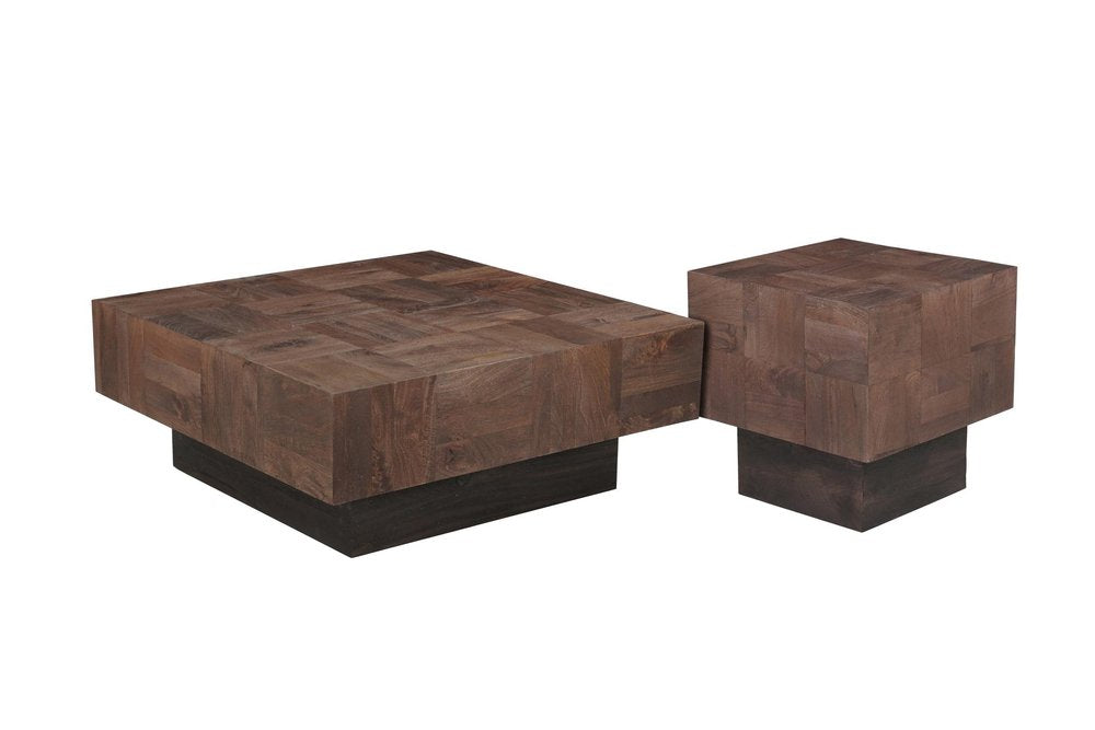 Set Of Two Natural and Brown Solid Wood Square Block Coffee Table — view 2