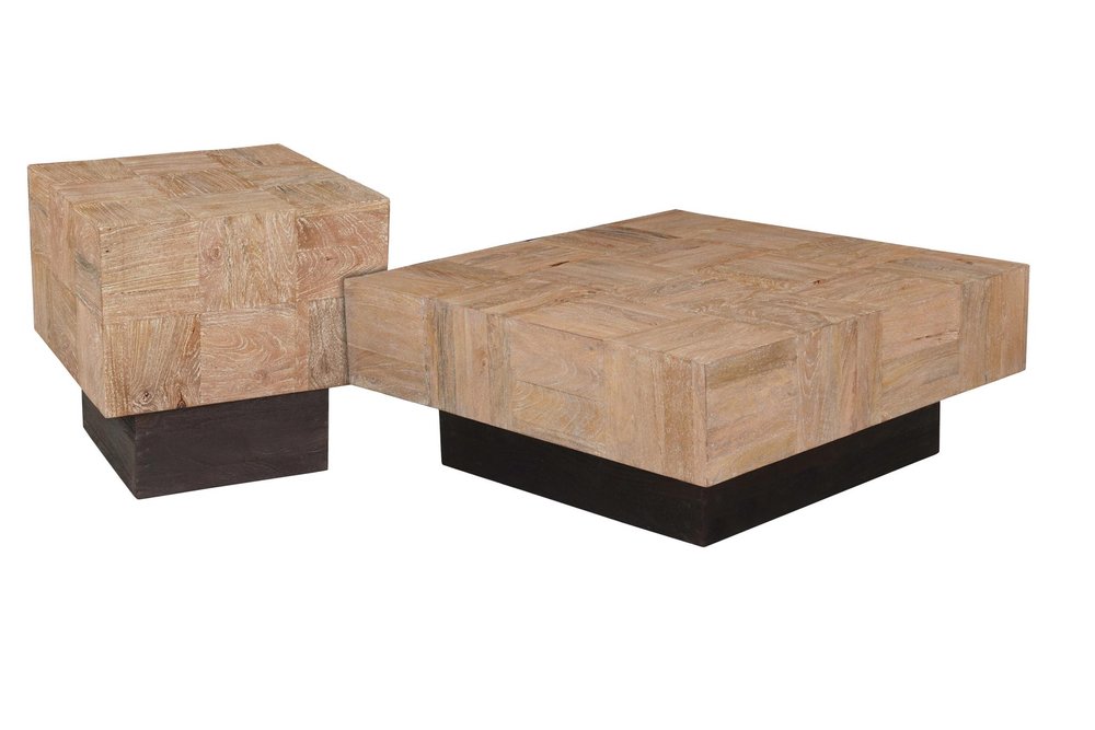 Set Of Two Natural and Dark Brown Solid Wood Square Block Coffee Table — view 3