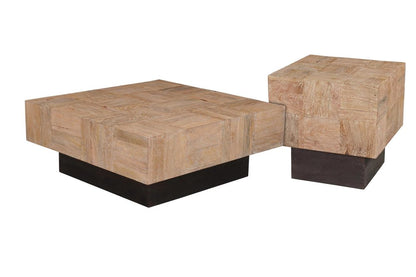 Set Of Two Natural and Dark Brown Solid Wood Square Block Coffee Table HomeRoots