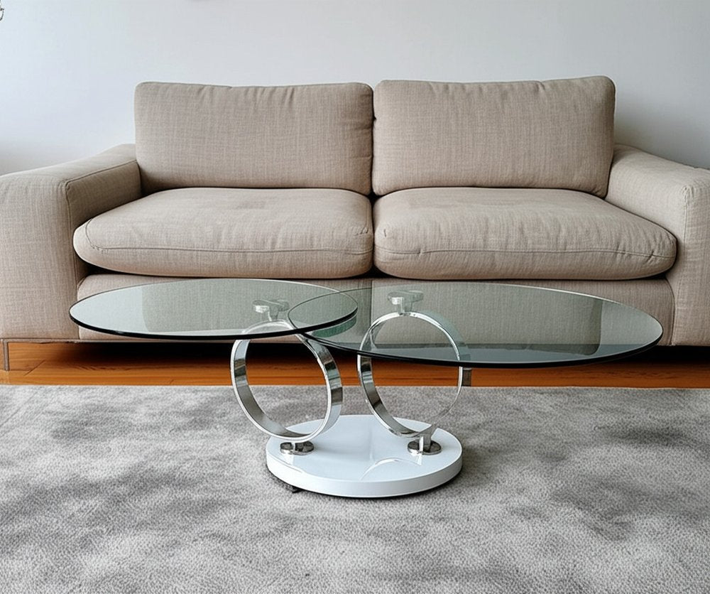 32" Clear White and Silver Glass And Metal Round Abstract Coffee Table HomeRoots