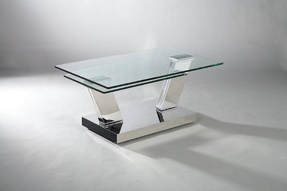 32" Clear And Silver Glass And Stainless Steel Floor Shelf Coffee Table HomeRoots