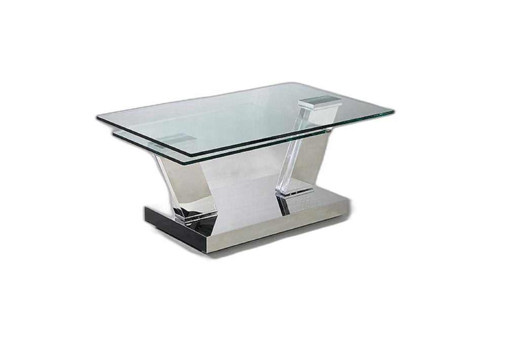 32" Clear And Silver Glass And Stainless Steel Floor Shelf Coffee Table HomeRoots