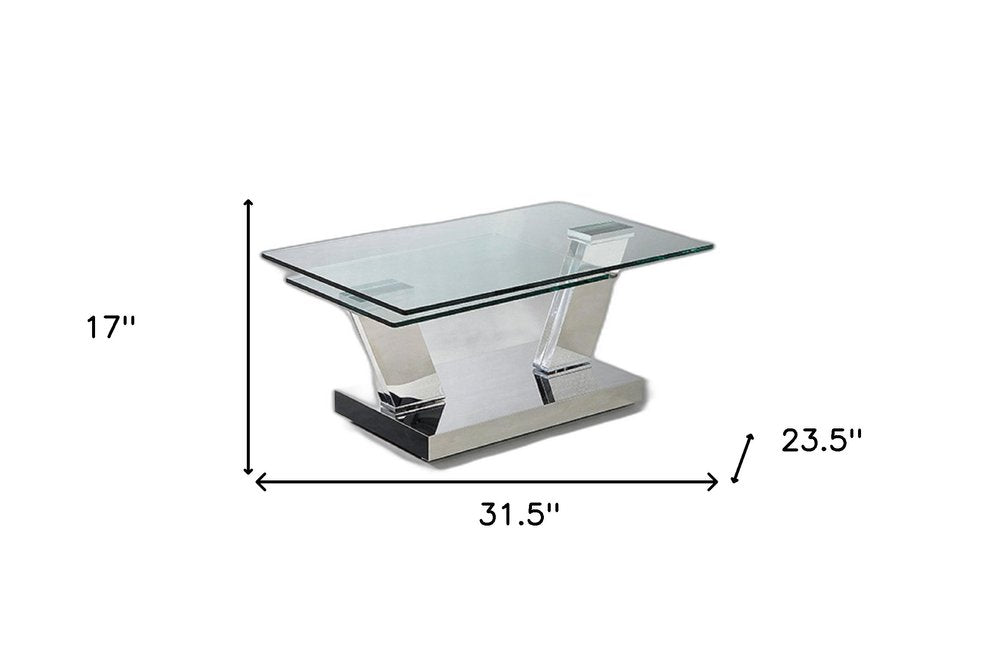 32" Clear And Silver Glass And Stainless Steel Floor Shelf Coffee Table HomeRoots