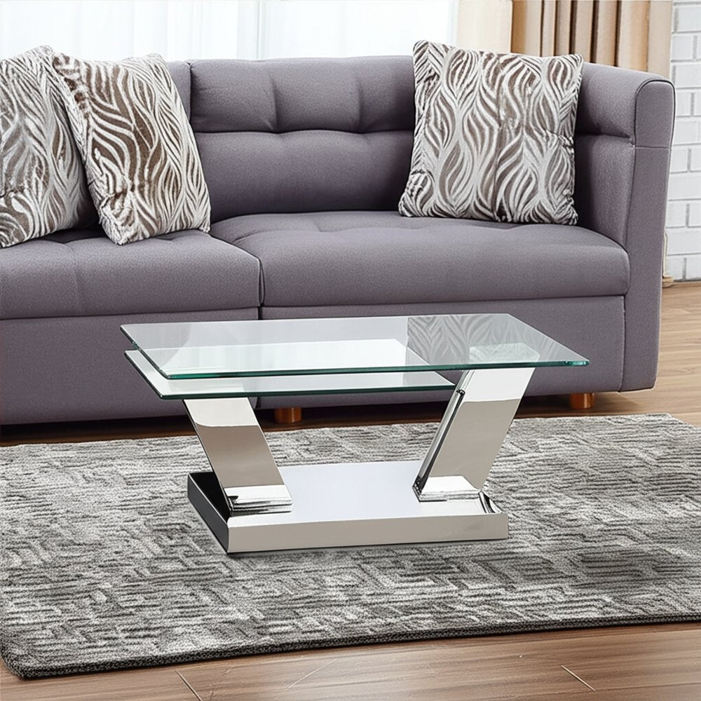 32" Clear And Silver Glass And Stainless Steel Floor Shelf Coffee Table HomeRoots