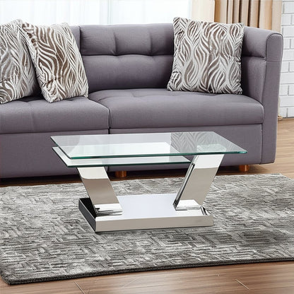 32" Clear And Silver Glass And Stainless Steel Floor Shelf Coffee Table