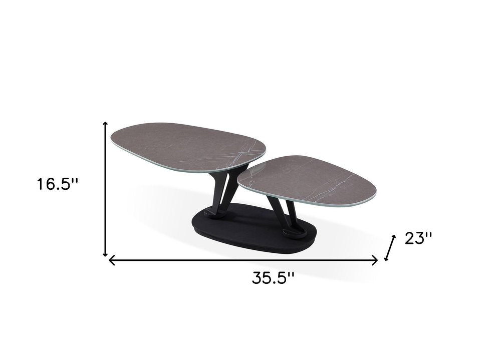 36" Gray And Black Faux Marble And Metal Oval Coffee Table HomeRoots