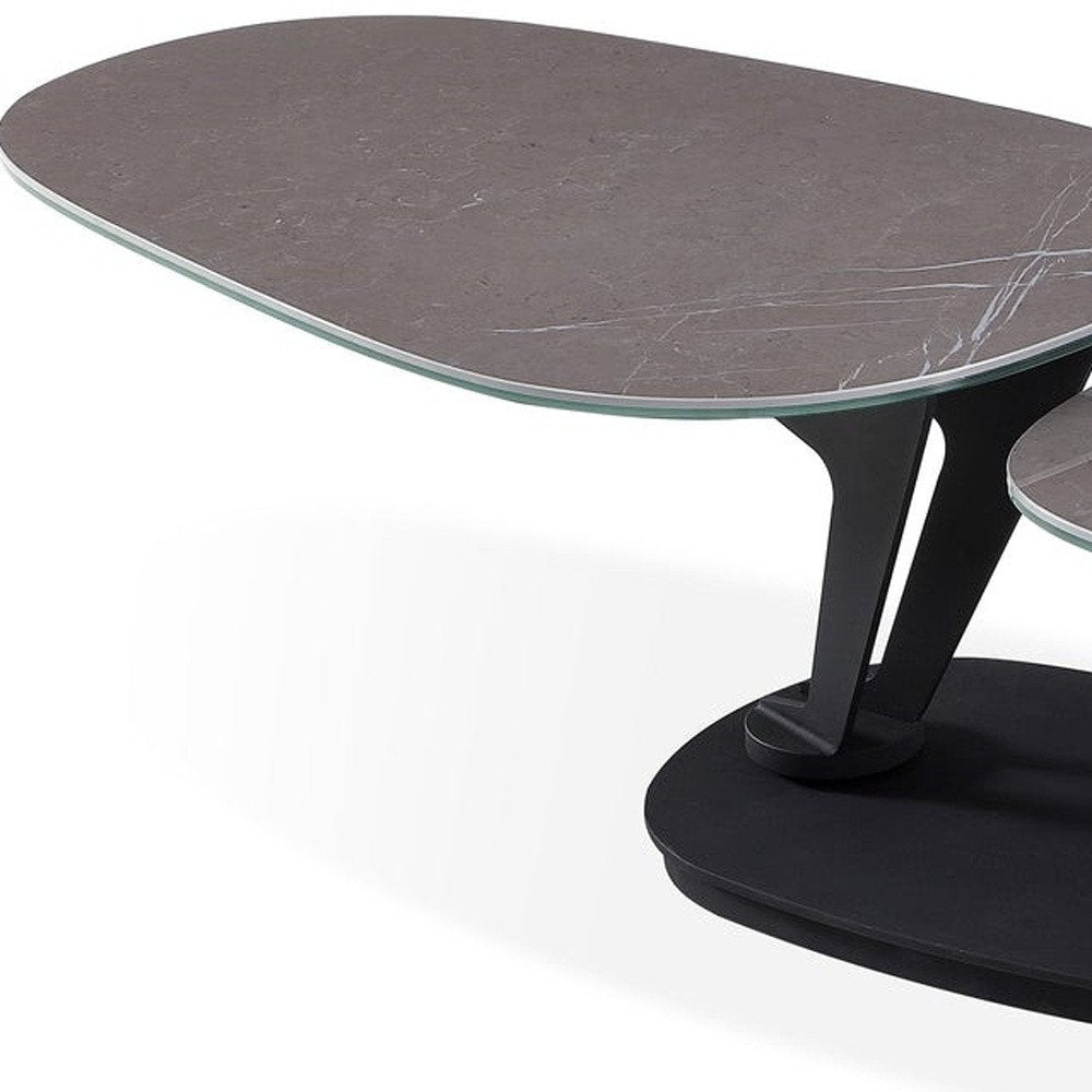 36" Gray And Black Faux Marble And Metal Oval Coffee Table HomeRoots