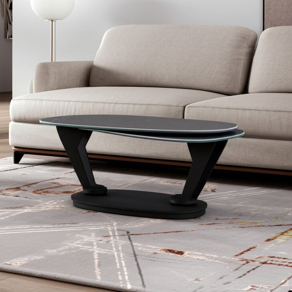 36" Gray And Black Faux Marble And Metal Oval Coffee Table HomeRoots