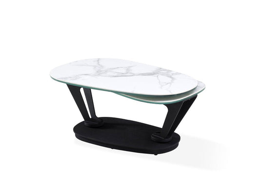 36" White And Black Faux Marble And Metal Oval Coffee Table