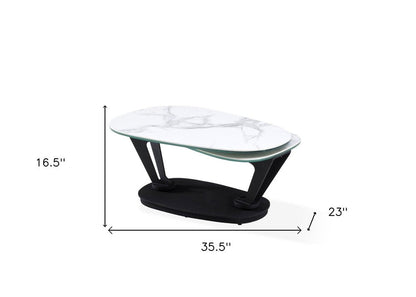 36" White And Black Faux Marble And Metal Oval Coffee Table
