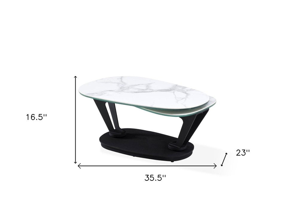 36" White And Black Faux Marble And Metal Oval Coffee Table HomeRoots