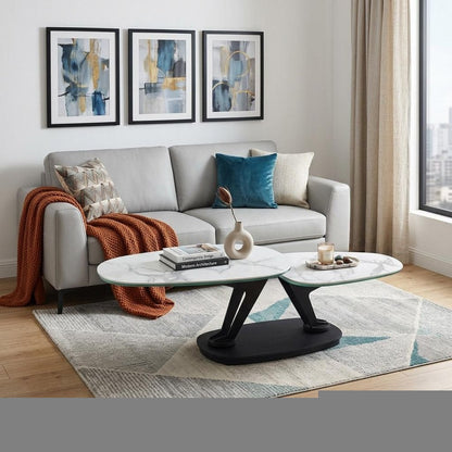 36" White And Black Faux Marble And Metal Oval Coffee Table HomeRoots