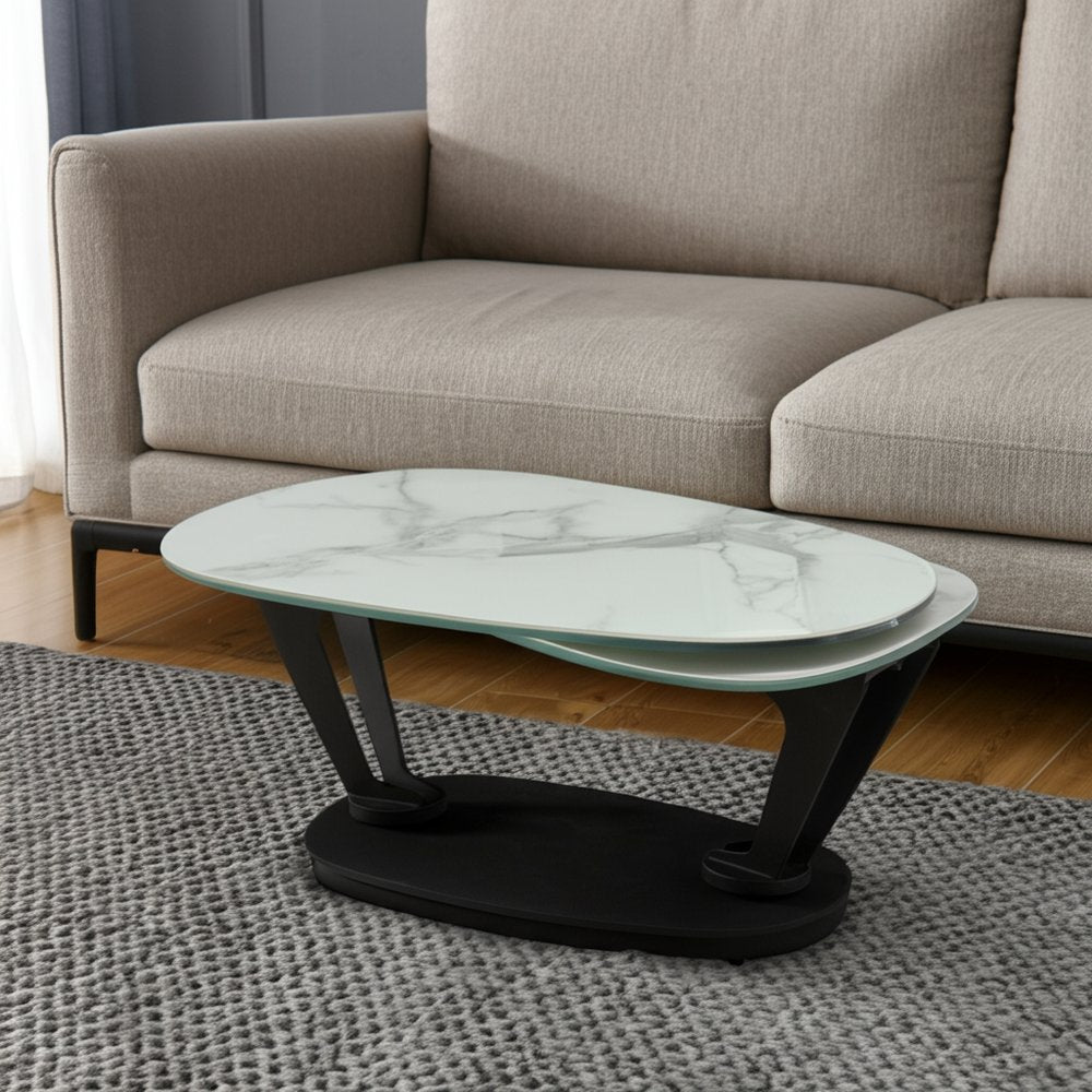 36" White And Black Faux Marble And Metal Oval Coffee Table HomeRoots