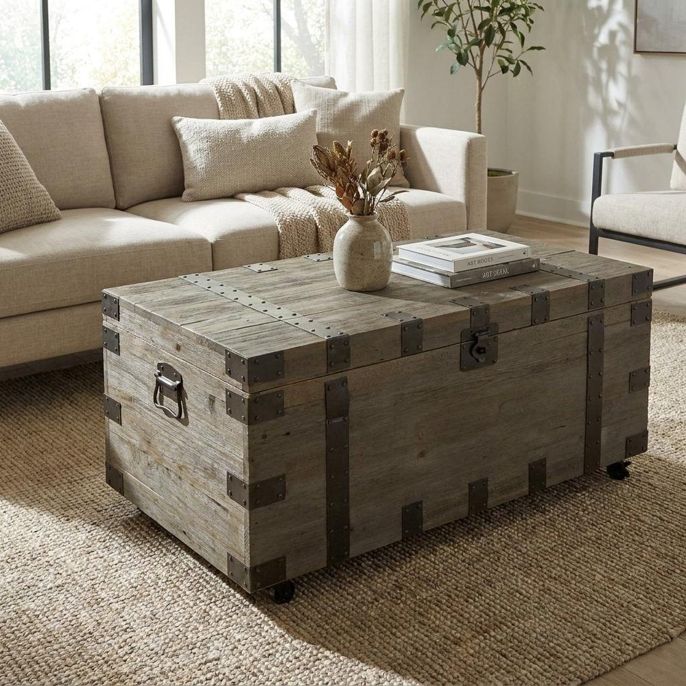 22" Brown Reclaimed Wood Distressed Trunk Coffee Table HomeRoots