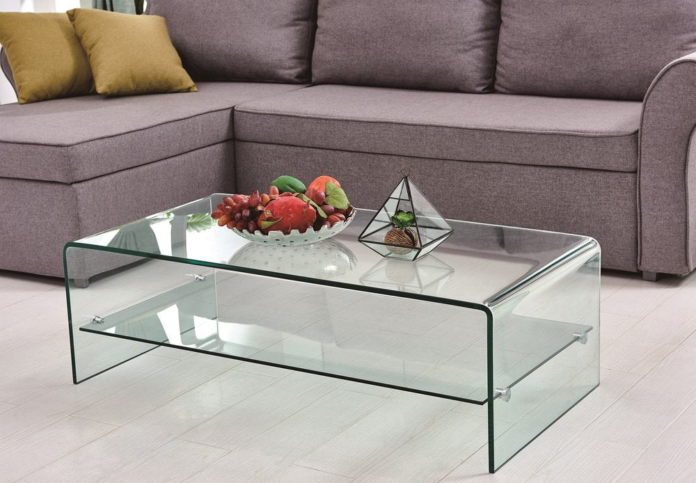 43" Clear Glass Sled Coffee Table With Shelf HomeRoots