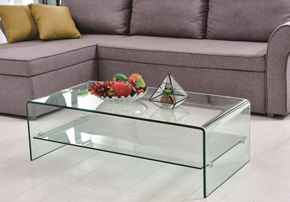 43" Clear Glass Sled Coffee Table With Shelf HomeRoots