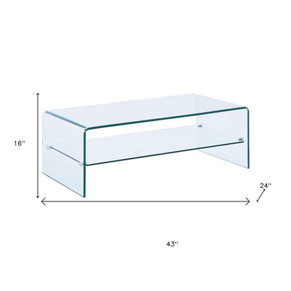 43" Clear Glass Sled Coffee Table With Shelf HomeRoots