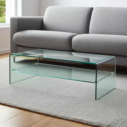 43" Clear Glass Sled Coffee Table With Shelf HomeRoots