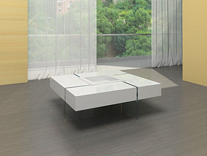 47" White And Clear Wood And Glass Square Sled Coffee Table HomeRoots