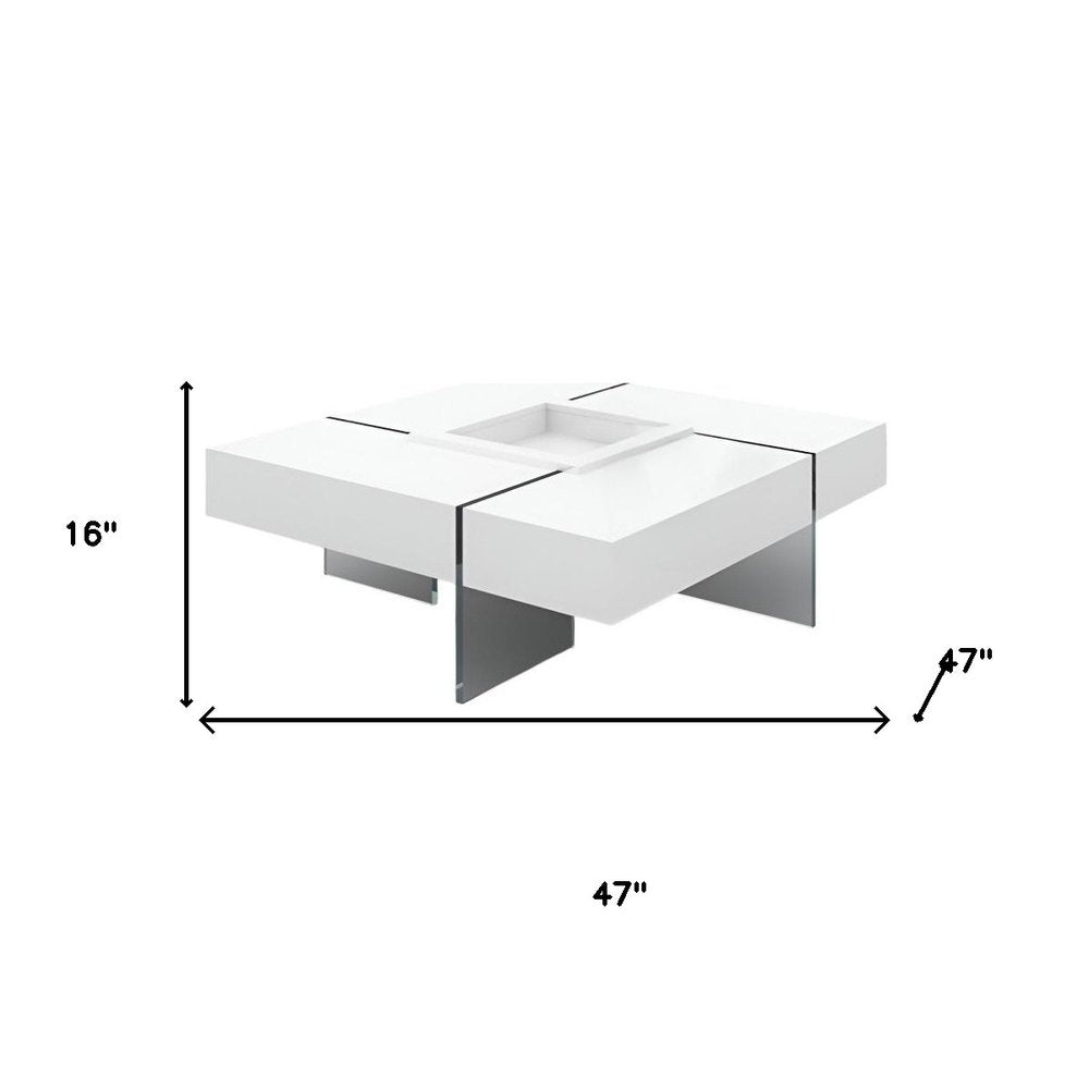 47" White And Clear Wood And Glass Square Sled Coffee Table — view 6