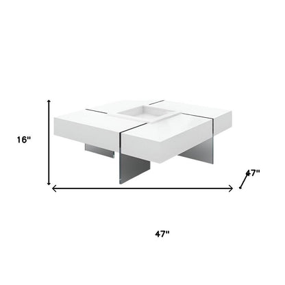 47" White And Clear Wood And Glass Square Sled Coffee Table HomeRoots