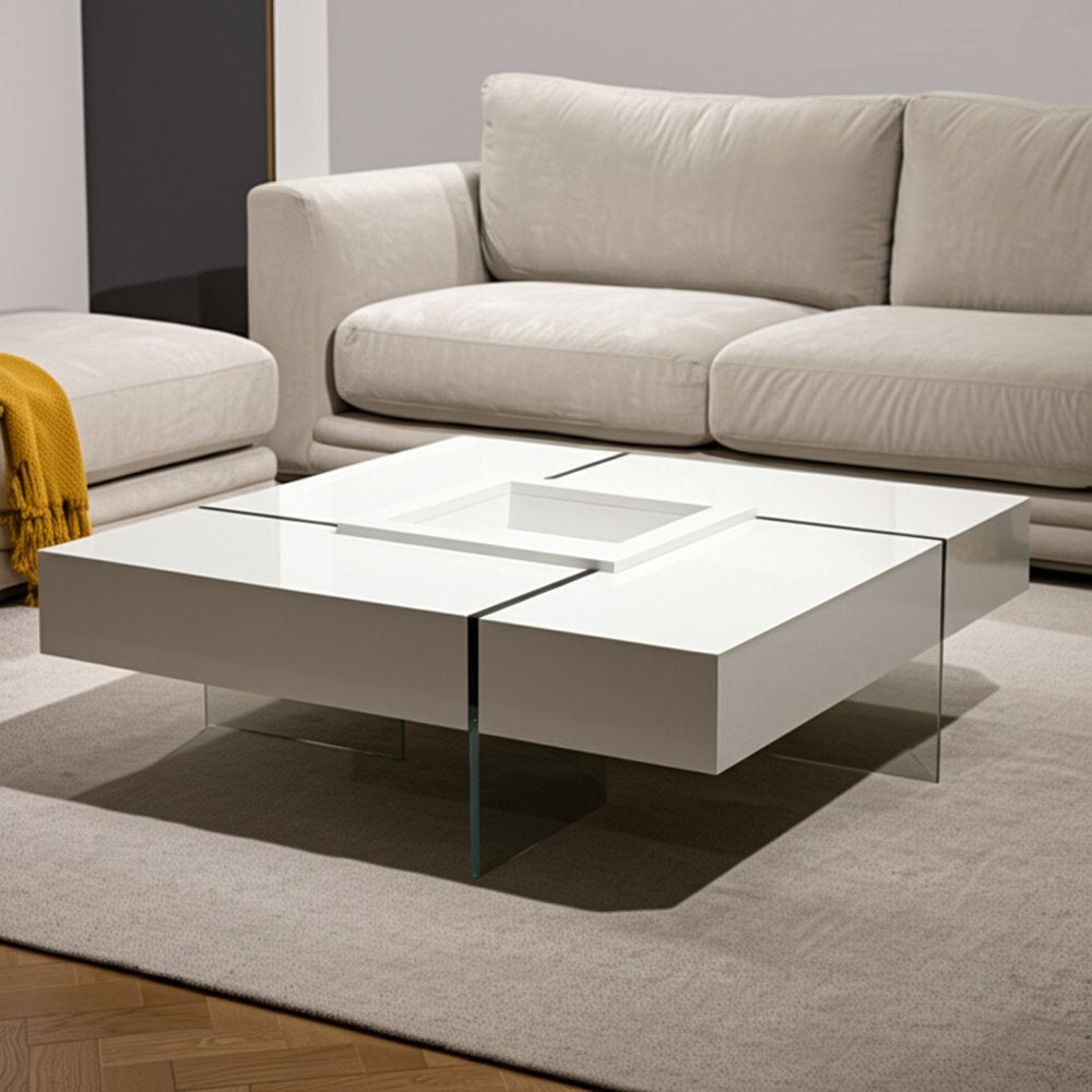 47" White And Clear Wood And Glass Square Sled Coffee Table HomeRoots